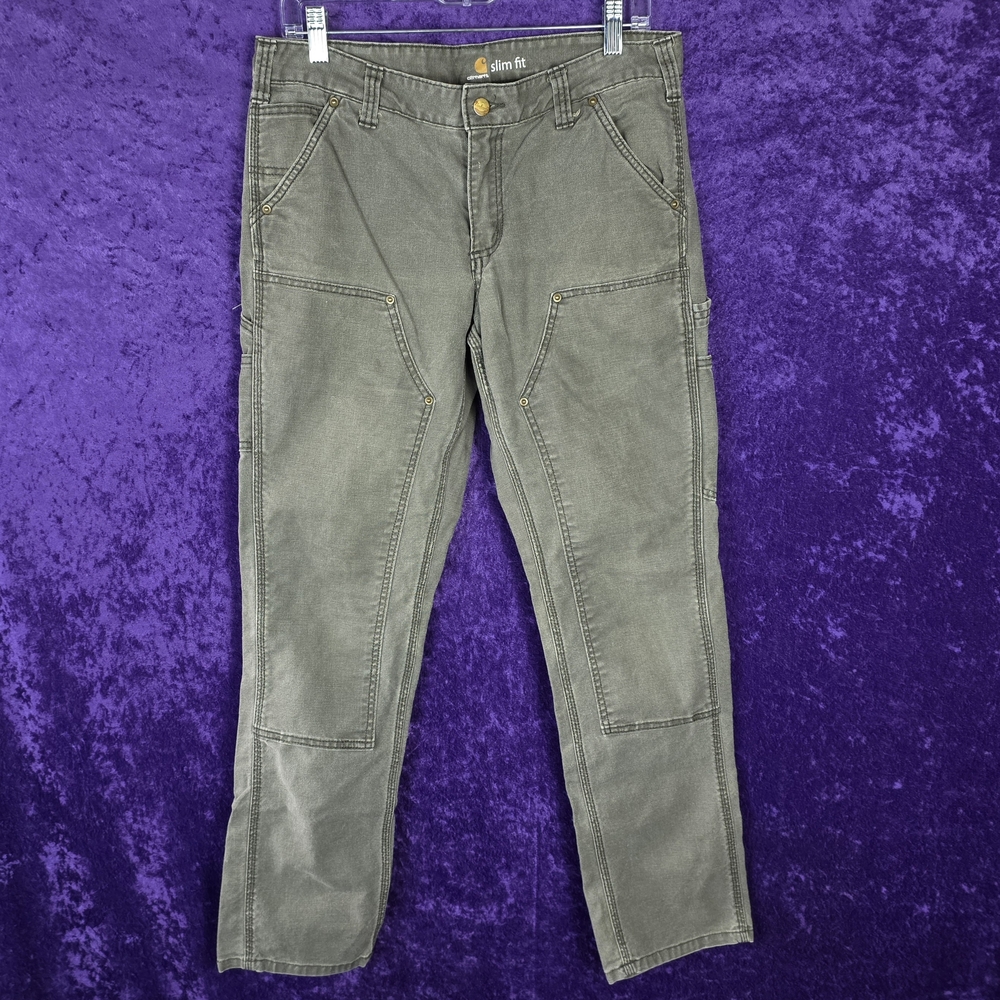 Carhartt Slim Fit Double Knee Green Khaki Carpenter Work Pants 8